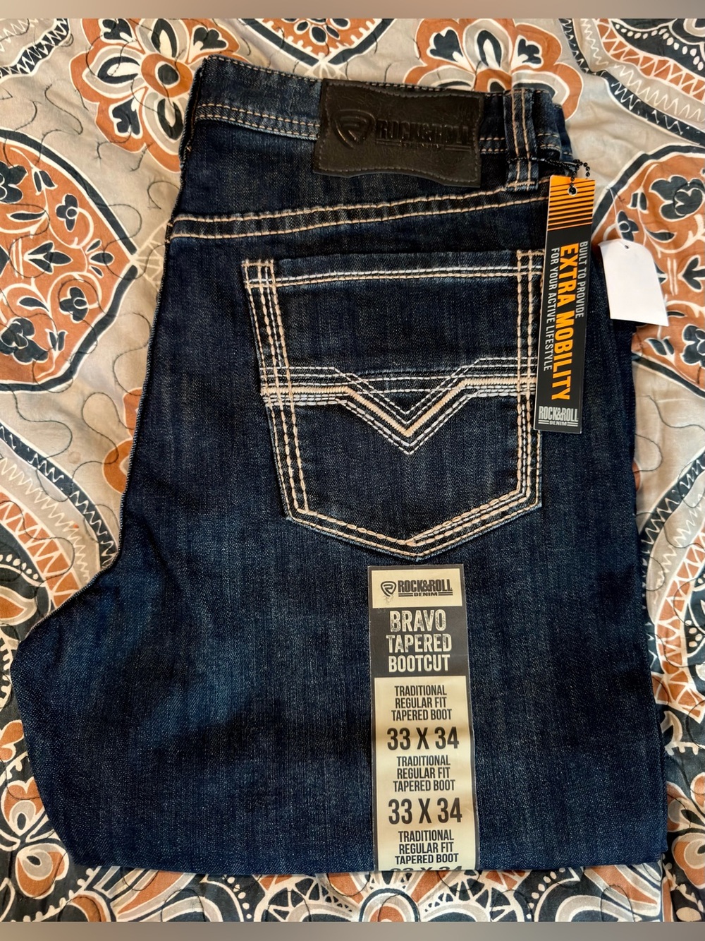 NWT mens ROCK&ROLL jeans Bravo Tapered Bootcut Jeans - Dark Blue SIZE 33x34